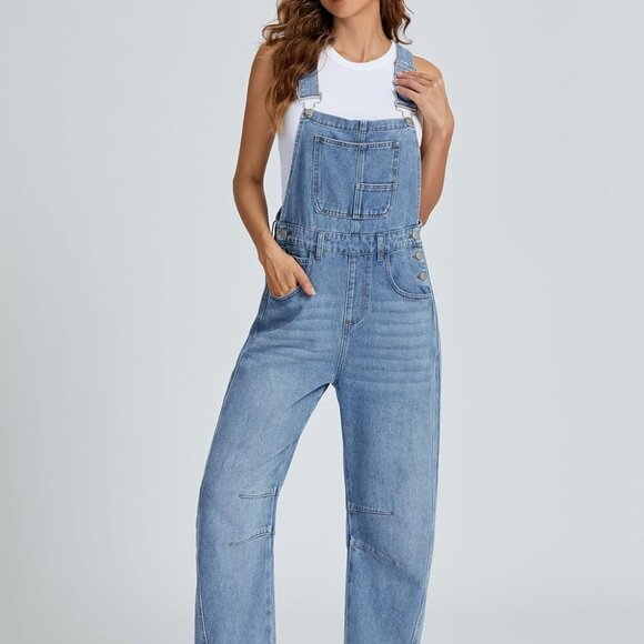 Women's Denim Overall Casual Straight Wide Leg Bib Jeans Overall Adjustable Stra - Picture 3 of 7